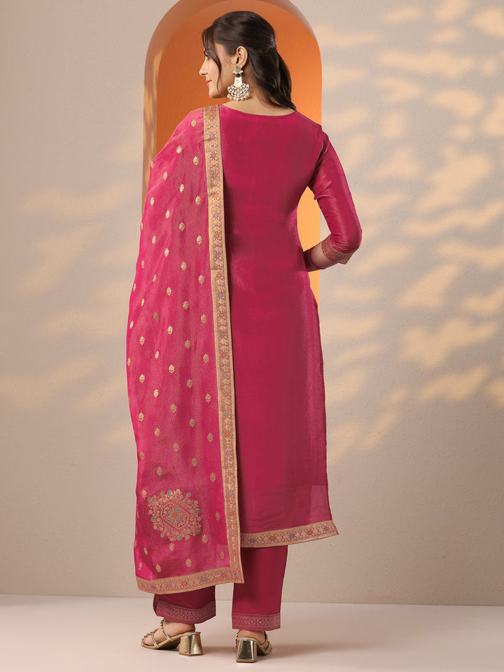 Libas Art Pink Woven Design Silk Blend Straight Suit Set With Dupatta