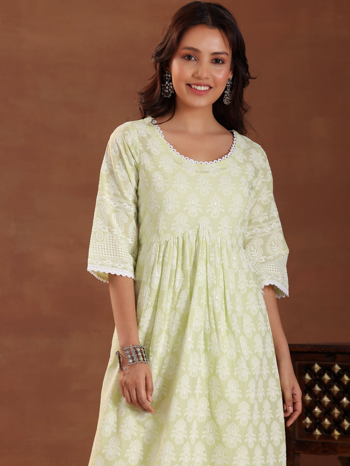 Green Embroidered Pure Cotton A-Line Kurta With Salwar & Dupatta