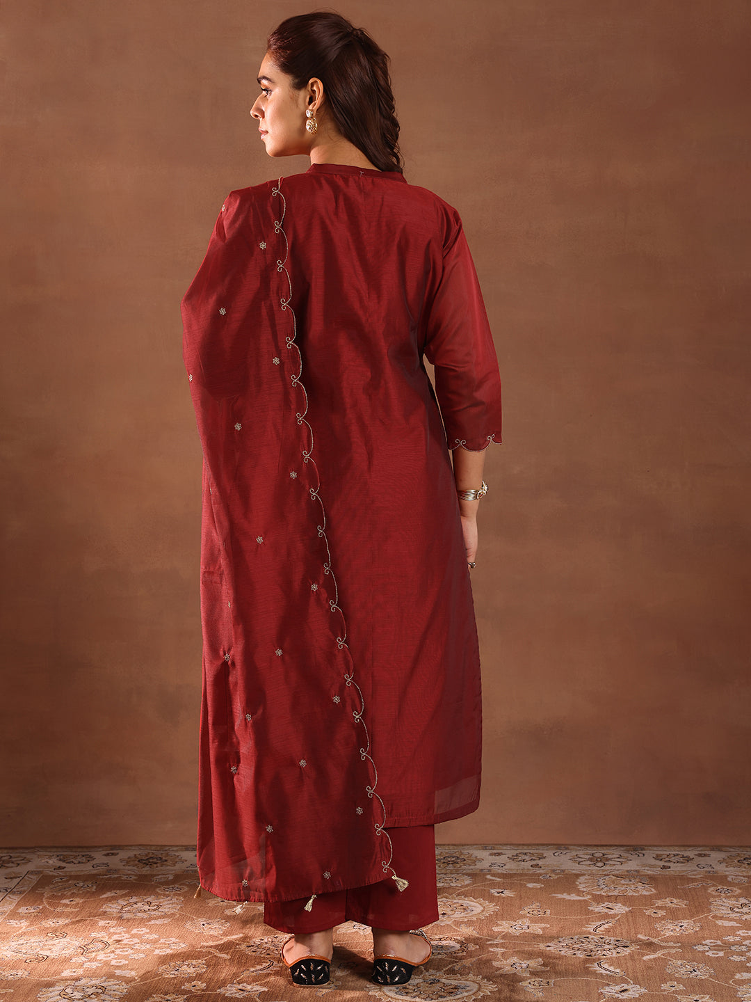 Maroon Embroidered Chanderi Silk Straight Suit With Dupatta