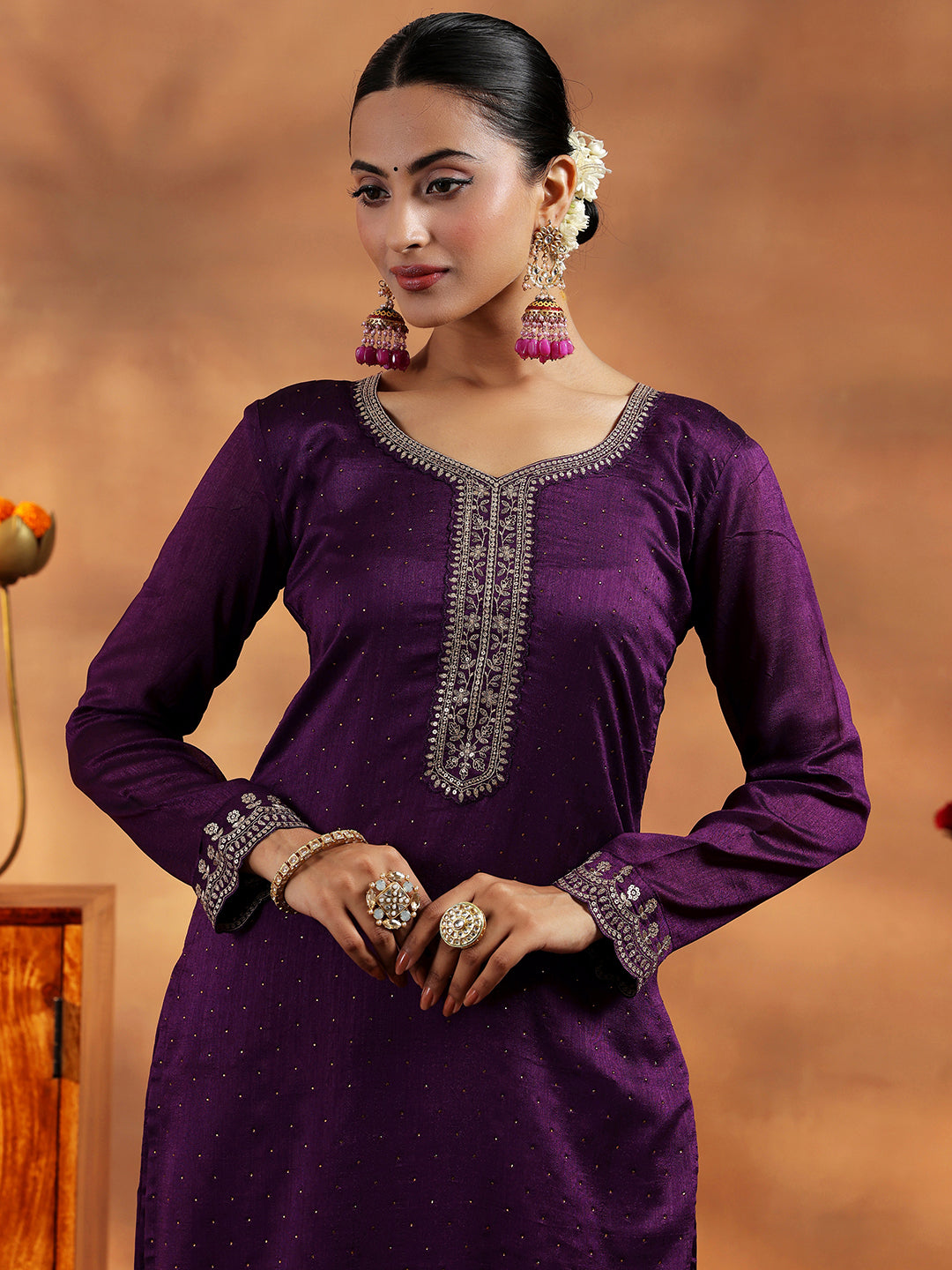 Wine Embroidered Silk Blend Straight Suit With Dupatta