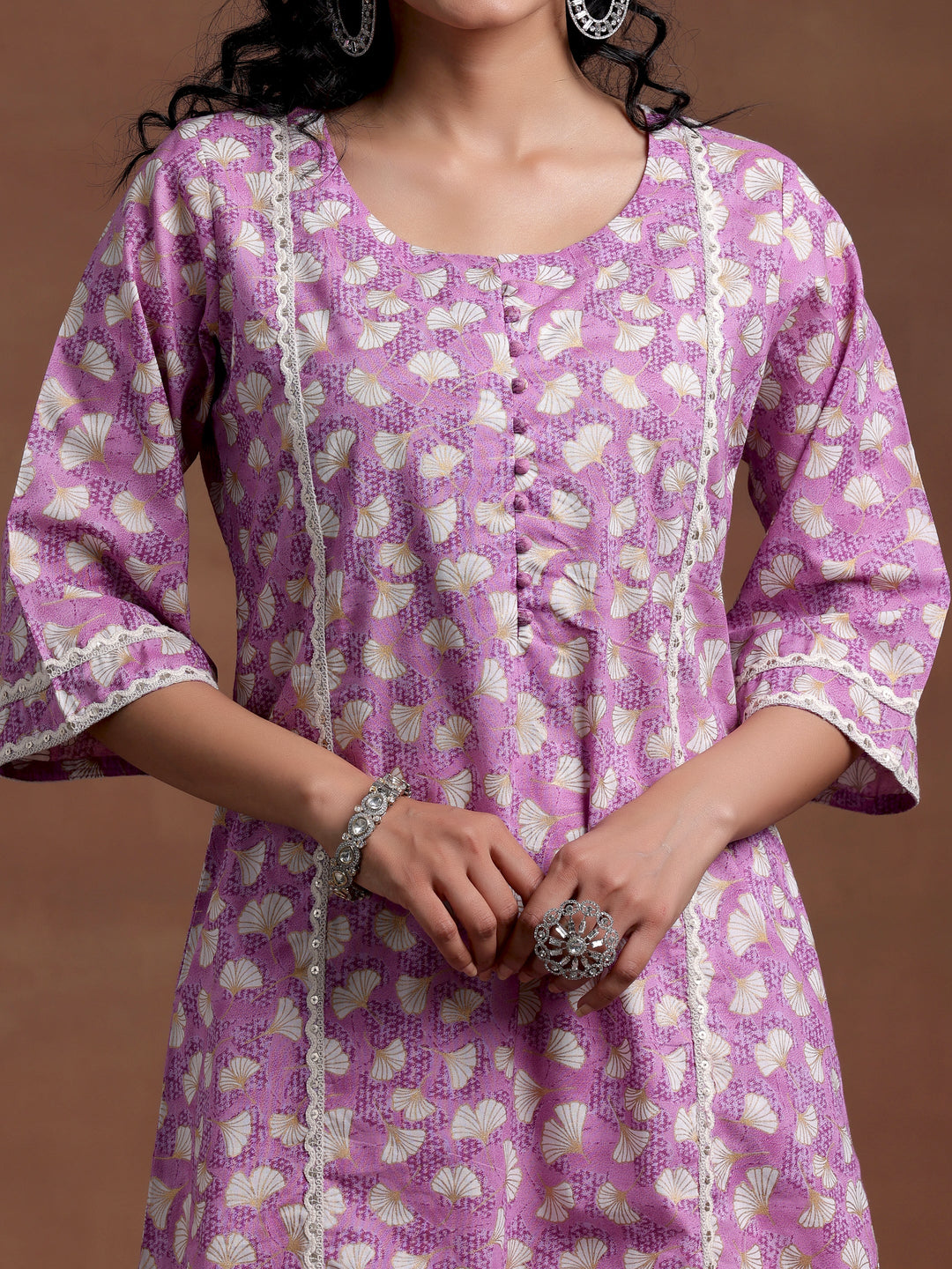 Purple Printed Cotton A-Line Kurta