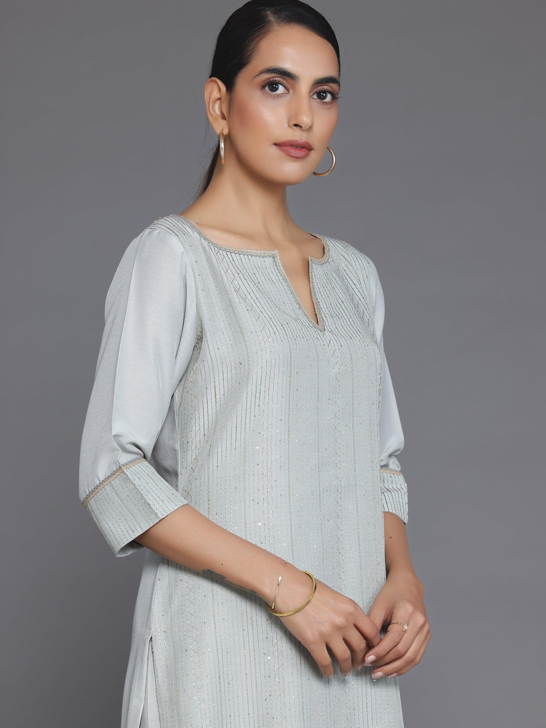 Grey Self Design Silk Blend Straight Suit With Dupatta