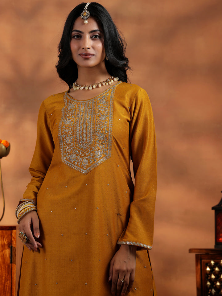 Mustard Embroidered Silk Blend Straight Suit With Dupatta