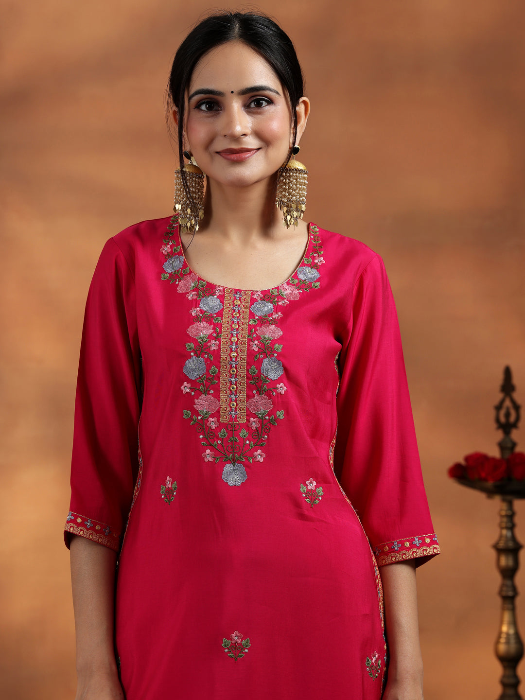 Pink Embroidered Silk Blend Straight Suit With Dupatta
