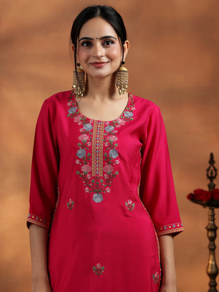 Pink Embroidered Silk Blend Straight Suit With Dupatta