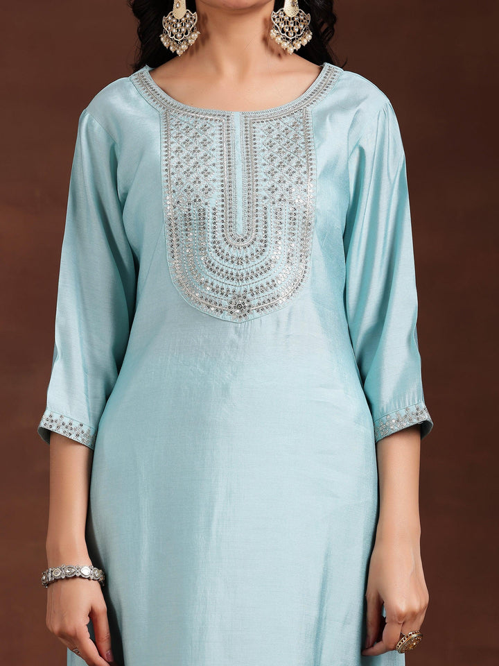 Blue Yoke Design Silk Blend Straight Suit With Dupatta