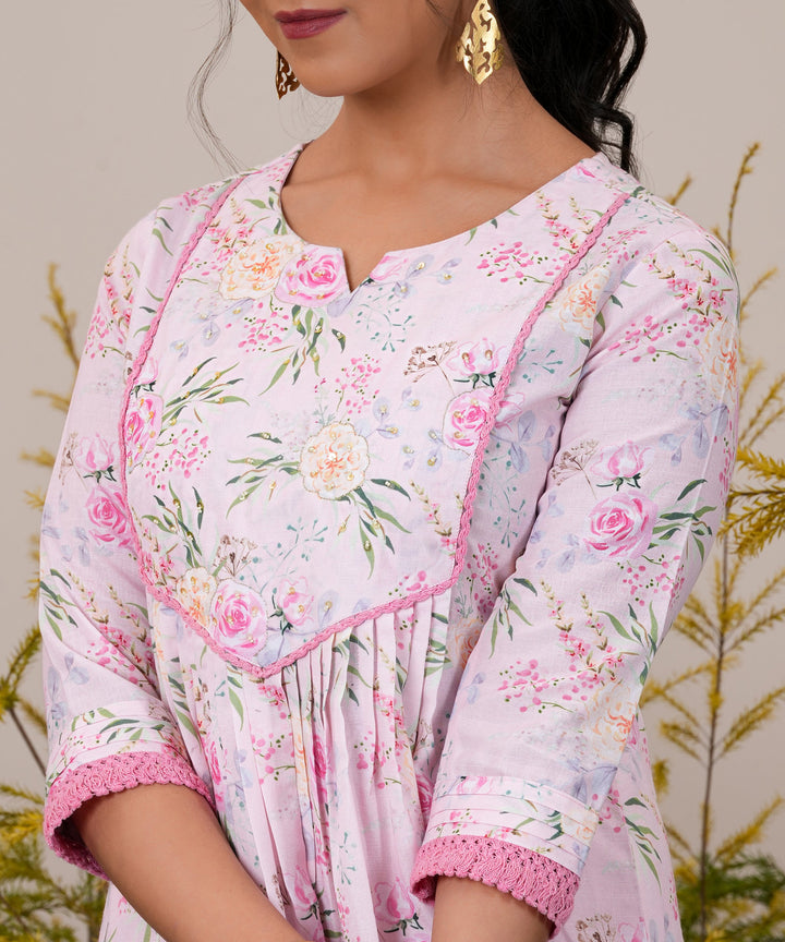 Pink Printed Cotton Blend A-Line Kurta With Palazzos & Dupatta