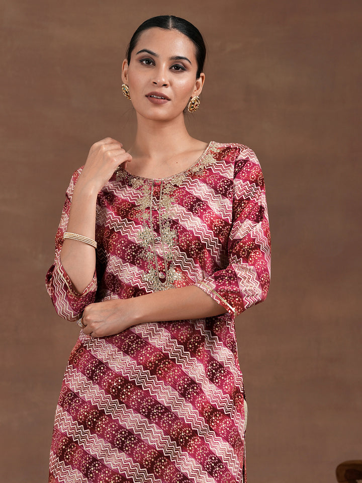 Maroon Printed Rayon Straight Kurta