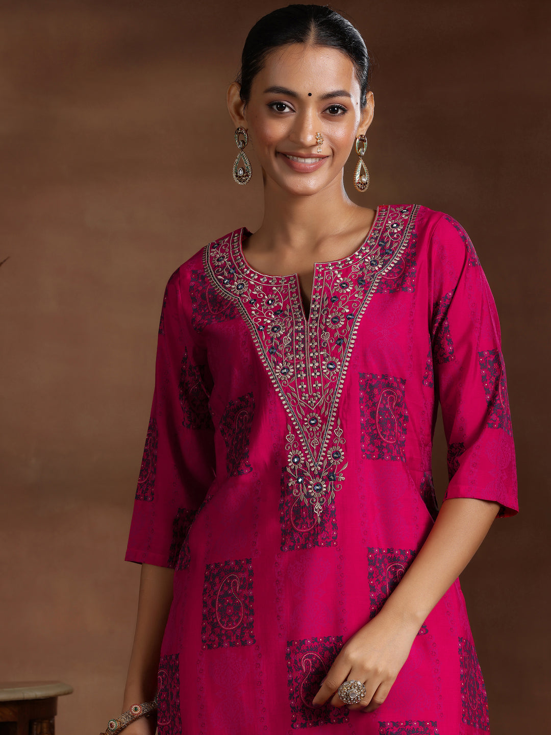 Pink Printed Silk Blend Straight Suit With Dupatta