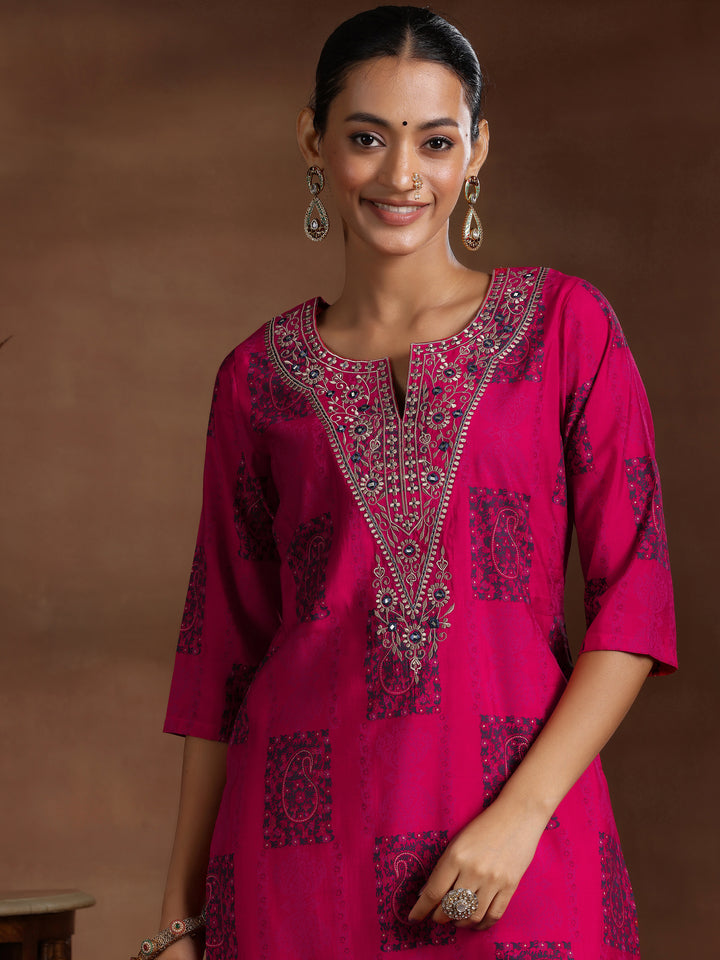 Pink Printed Silk Blend Straight Suit With Dupatta