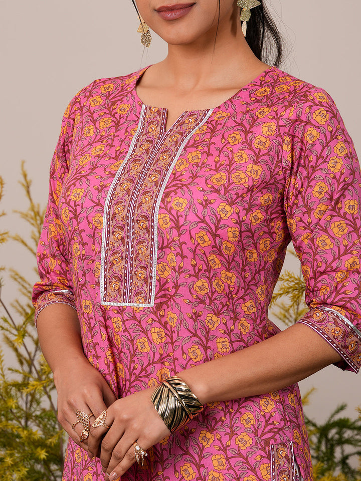Pink Printed Cotton Straight Suit With Dupatta