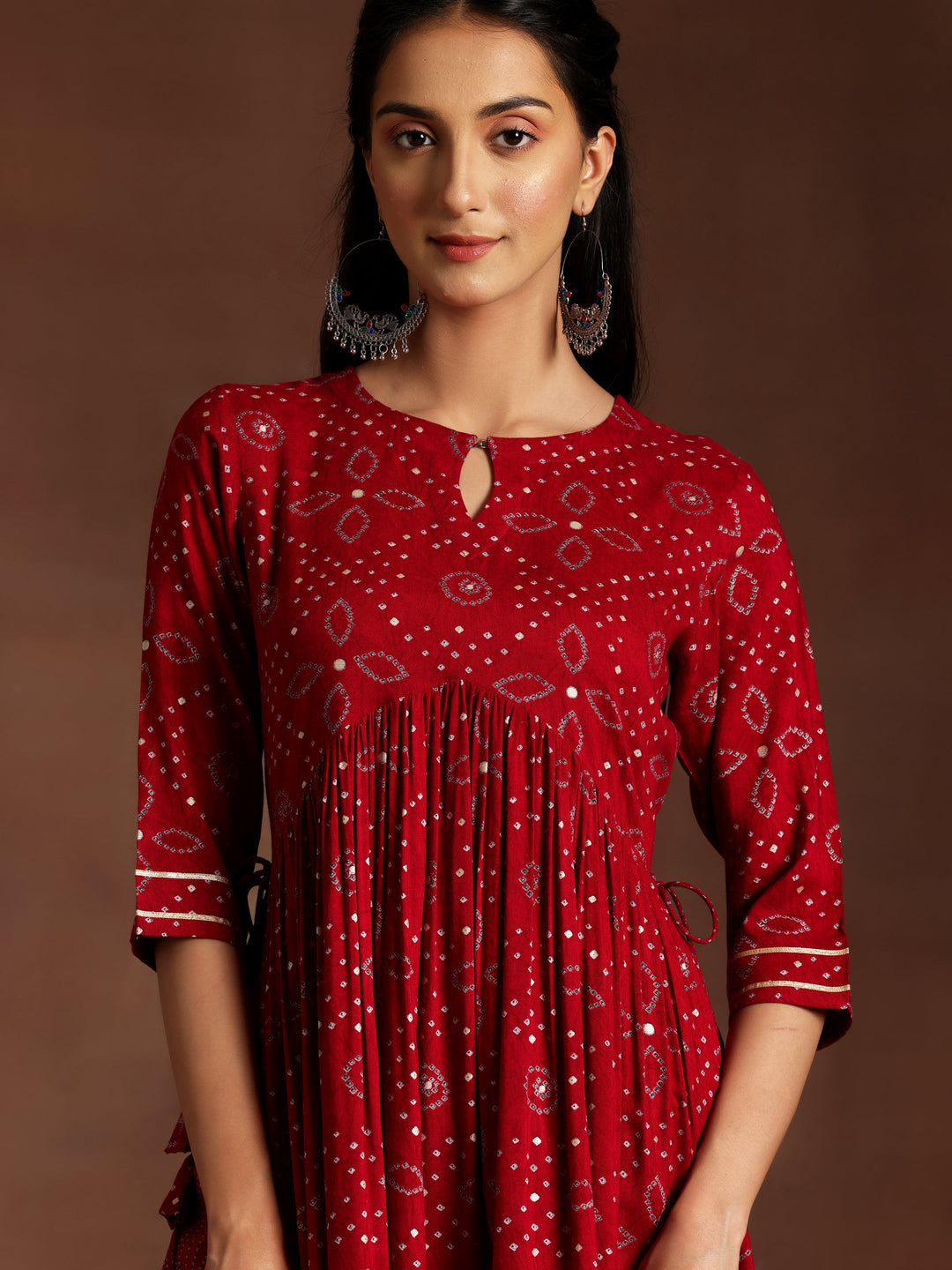 Sitara Red Printed Rayon A-Line Kurta With Palazzos & Dupatta