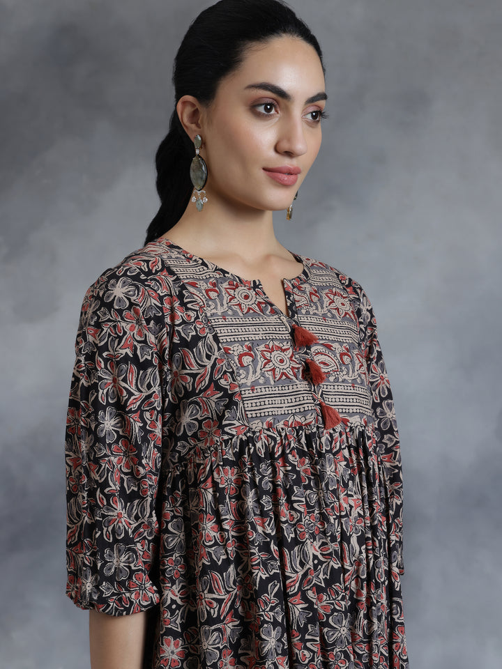 Black Printed Cotton A-Line Dress