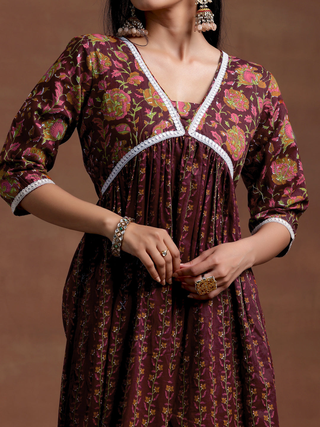 Rust Printed Cotton A-Line Kurta With Palazzos