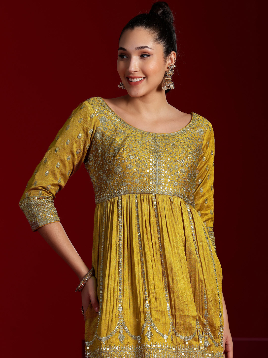 Libas Art Mustard Embroidered Silk Blend Straight Suit With Dupatta