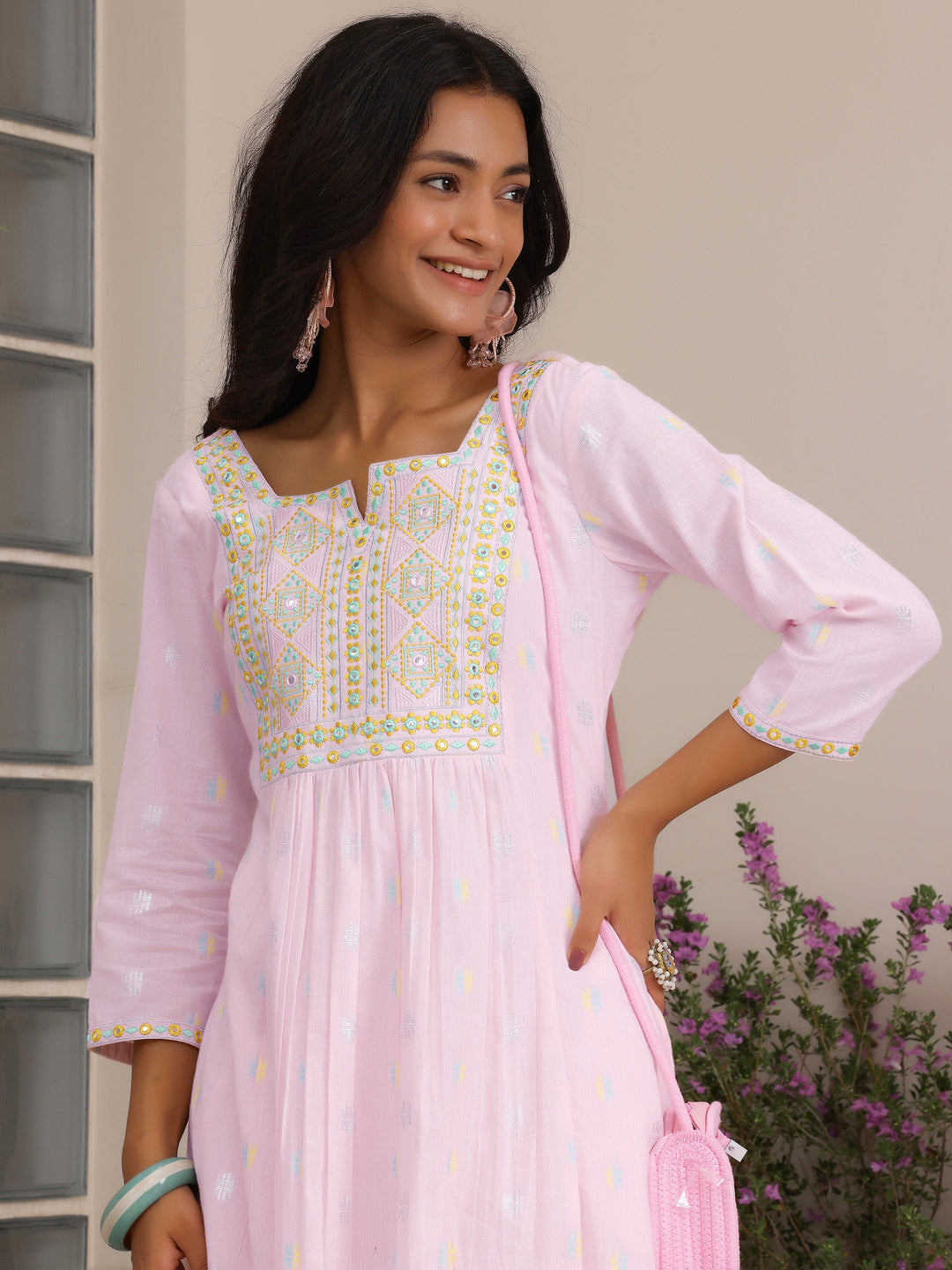 Pink Self Design Cotton A-Line Dress