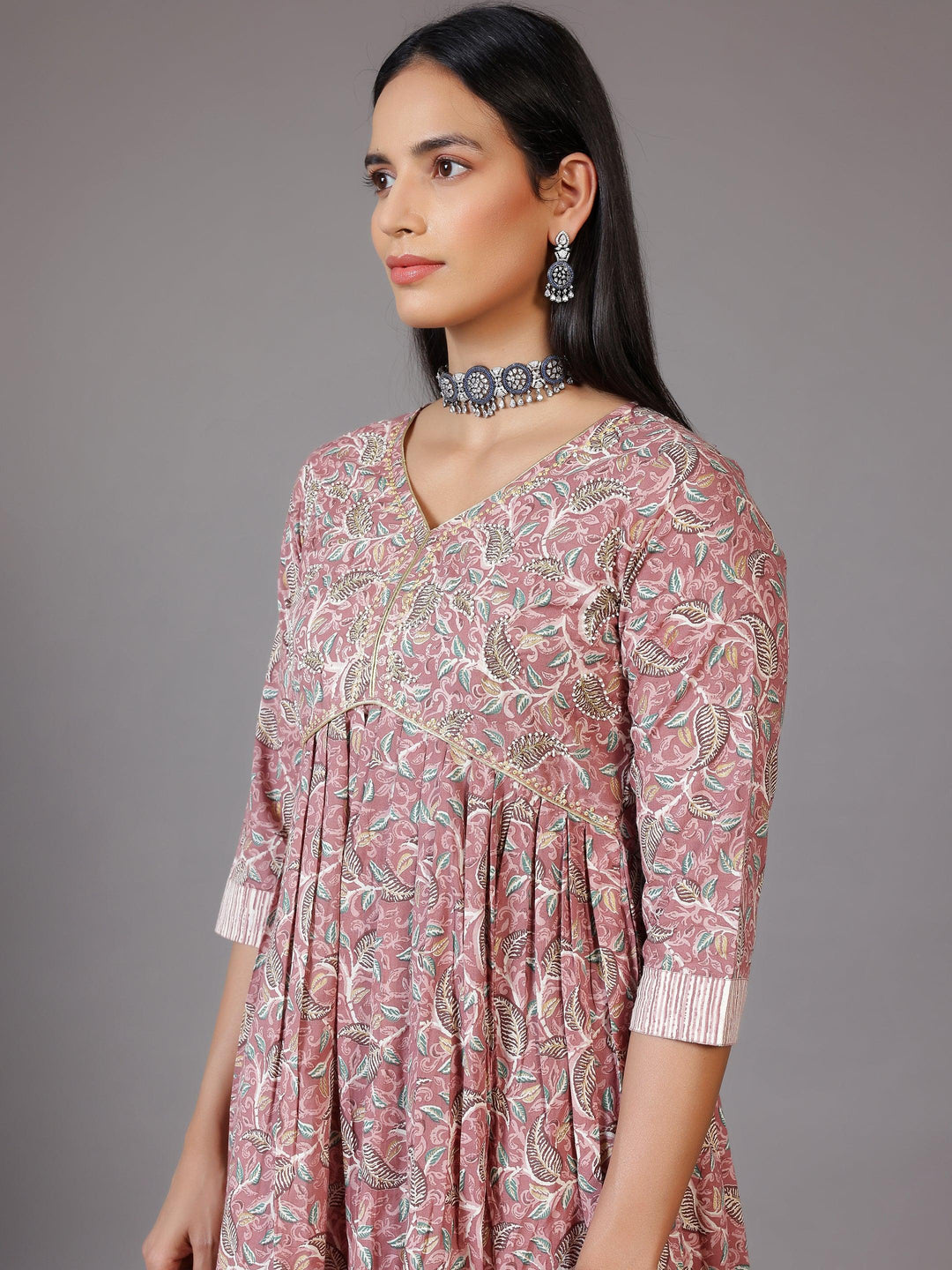 Pink Printed Cotton Anarkali Suit With Dupatta