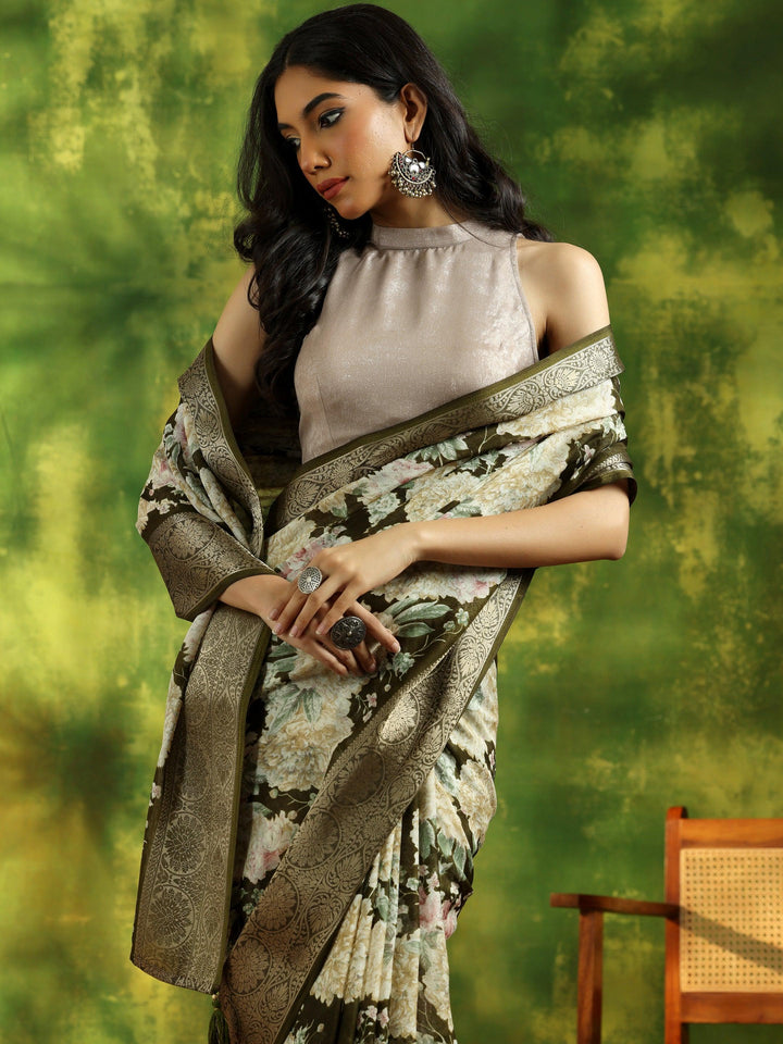Olive Printed Silk Blend Saree With Unstitched Blouse Piece