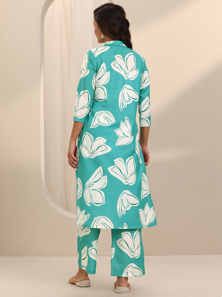 Blue Printed Cotton Blend Straight Kurta Set