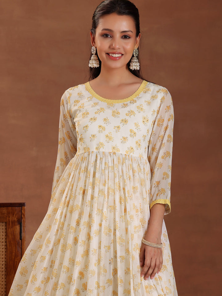 Off white Printed Poly Chiffon A-Line Kurta With Trousers & Dupatta