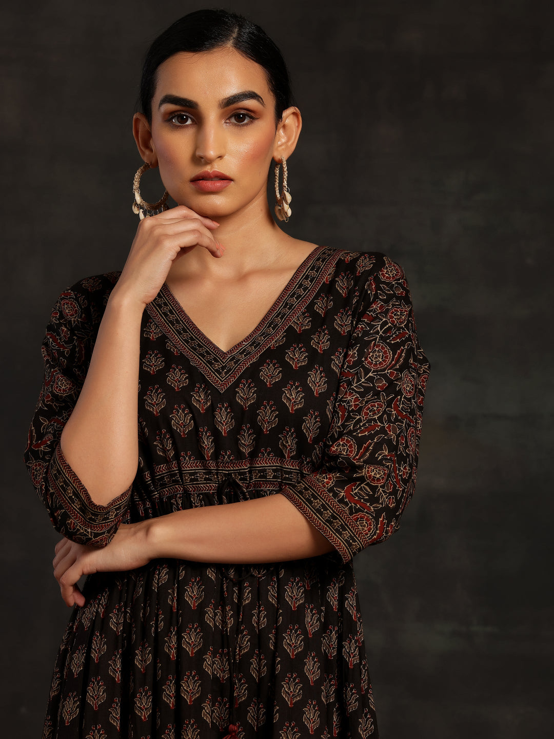 Black Printed Cotton A-Line Dress