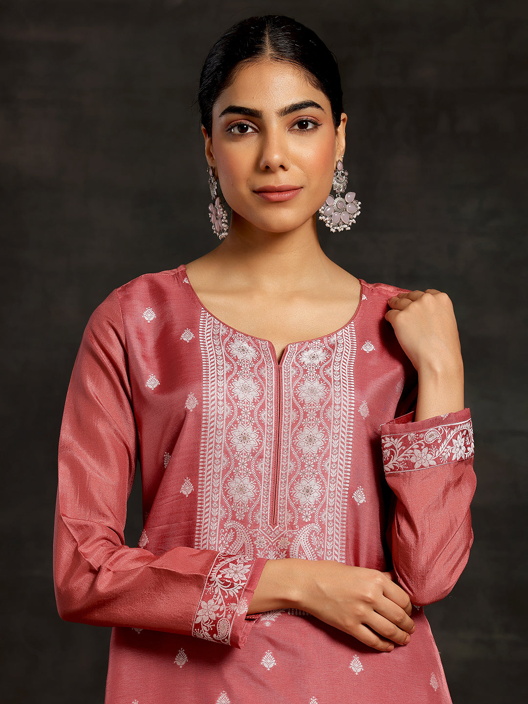 Pink Woven Design Silk Blend Straight Suit With Dupatta