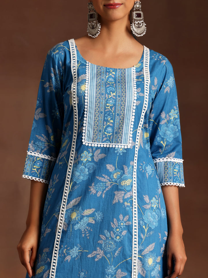 Blue Printed Cotton A-Line Kurta With Palazzos