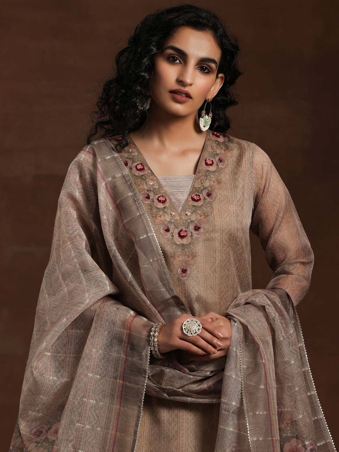 Tan Printed Organza Straight Suit With Dupatta