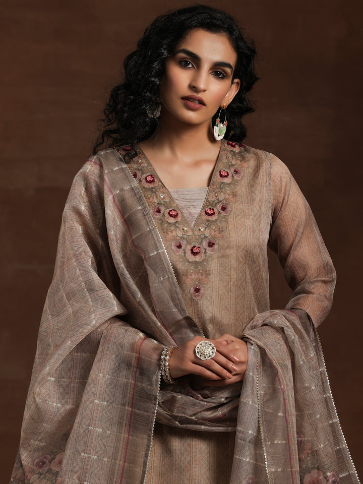 Tan Printed Organza Straight Suit With Dupatta