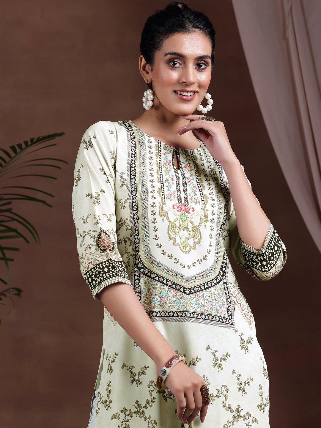 Beige Printed Crepe Straight Kurta