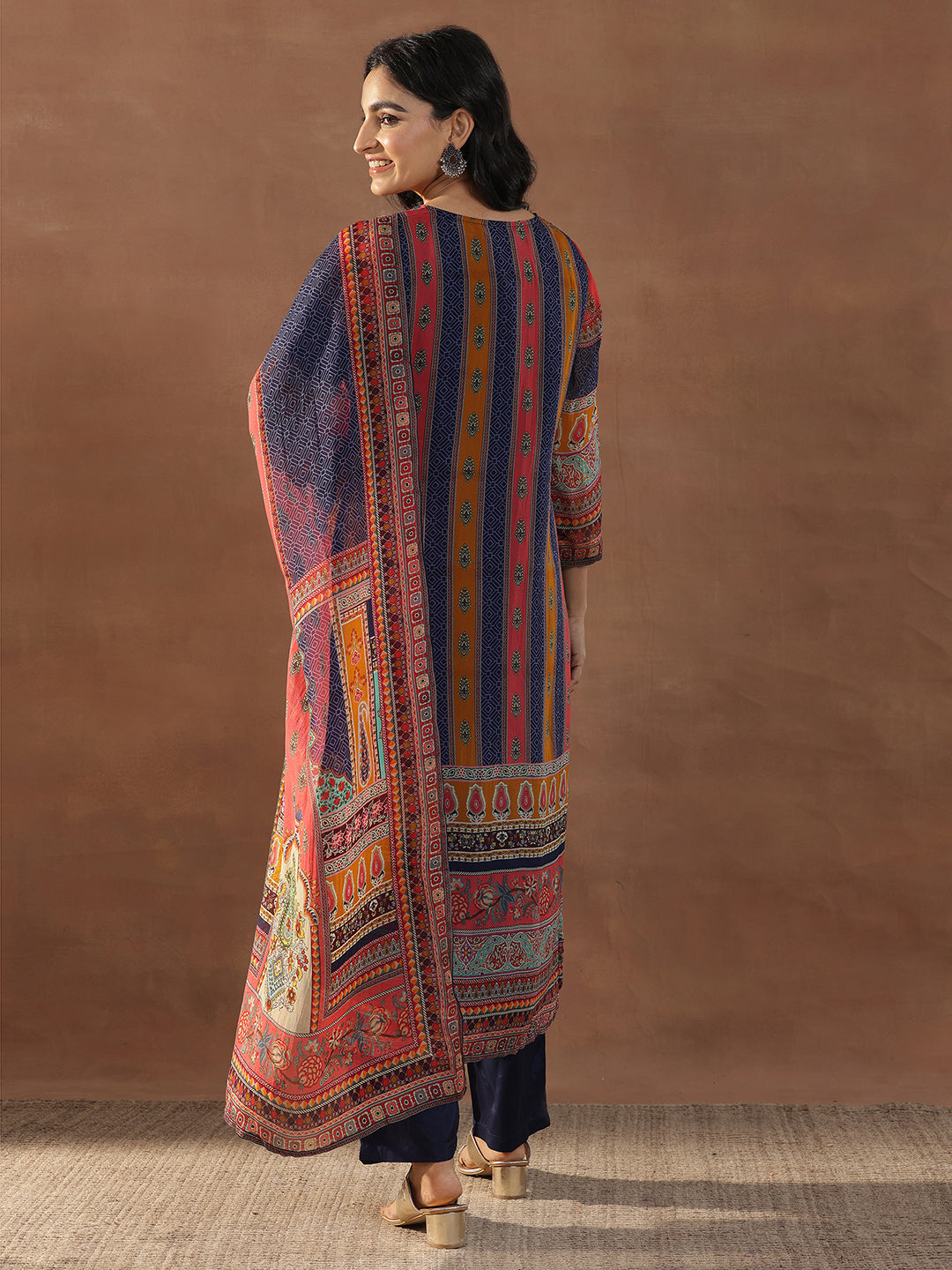 Multicoloured Printed Organza Straight Suit Set With Dupatta