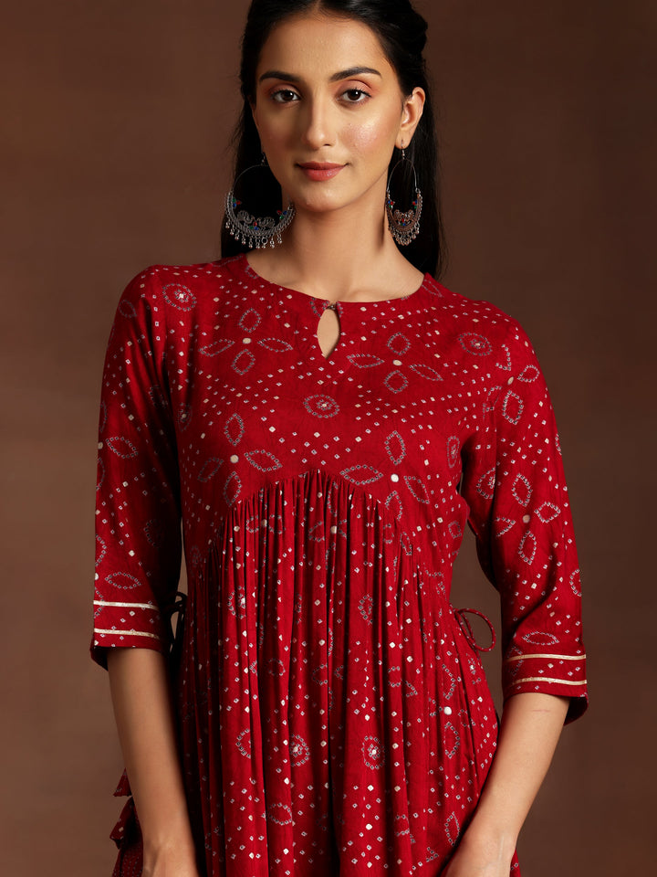 Sitara Red Printed Rayon A-Line Kurta With Palazzos & Dupatta