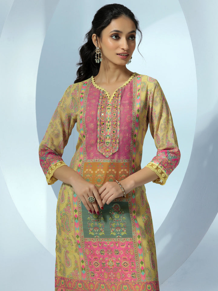 Yellow Printed Cotton Blend Straight Suit With Dupatta
