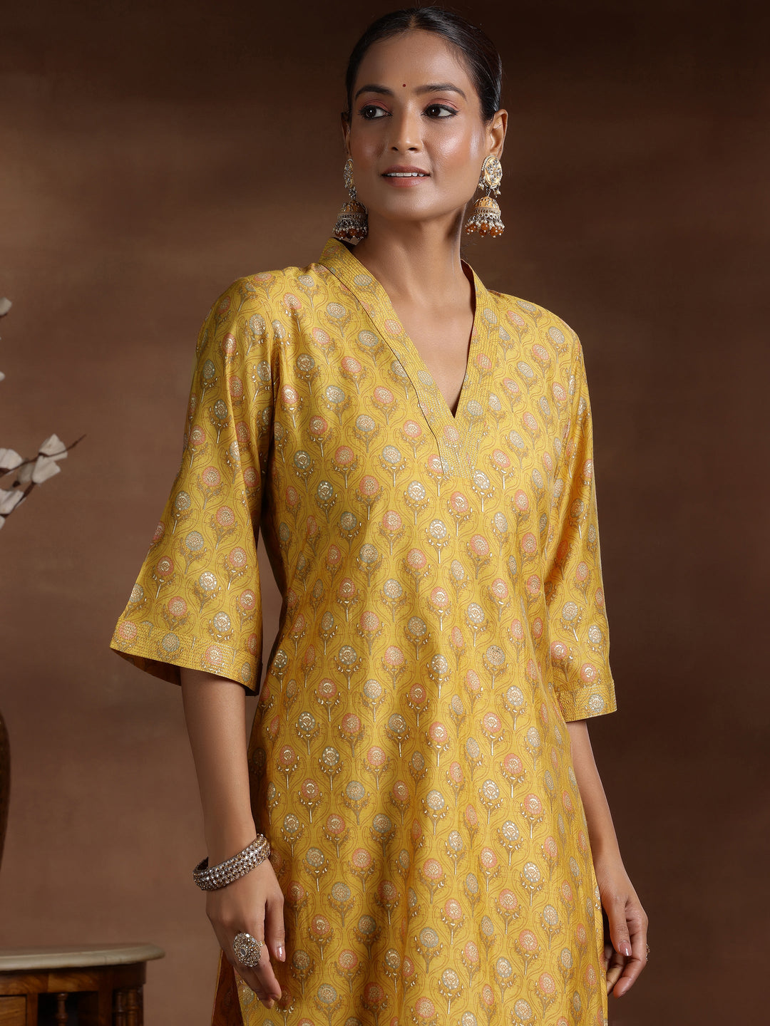 Mustard Printed Silk Blend Straight Suit With Dupatta