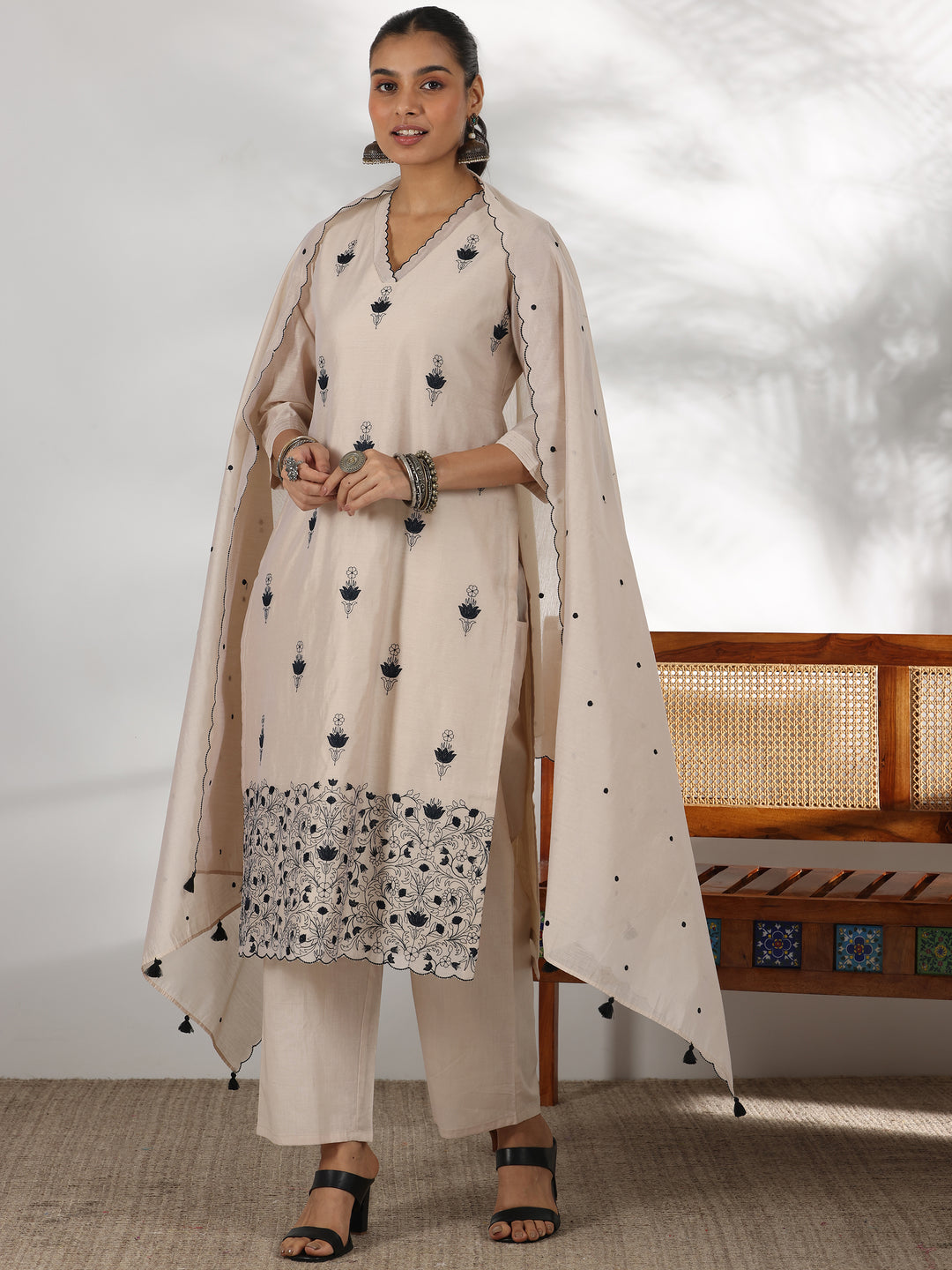 Beige Embroidered Chanderi Silk Straight Suit With Dupatta