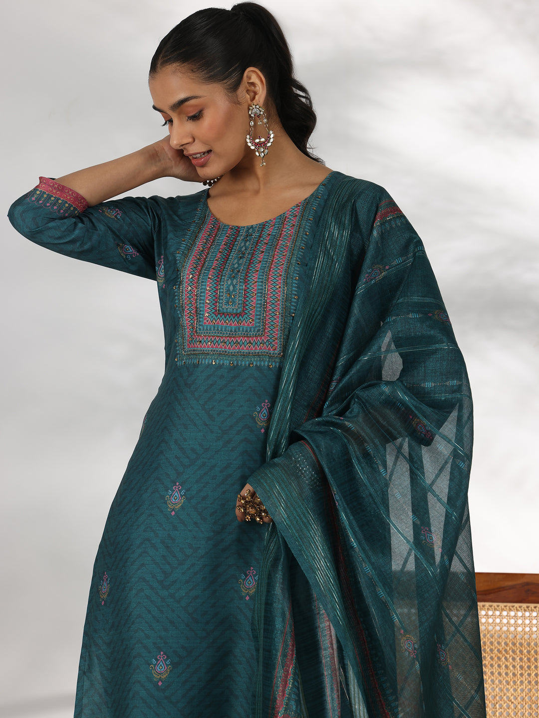 Teal Green Printed Silk Blend Straight Suit With Dupatta