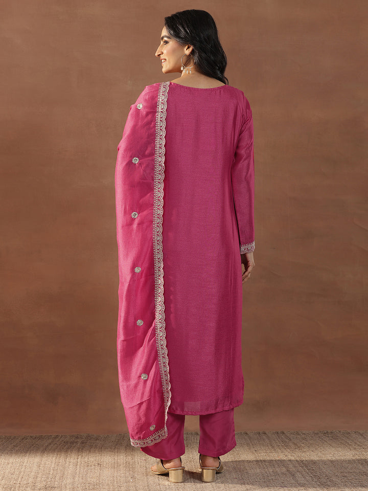 Pink Embroidered Silk Blend Straight Suits With Dupatta