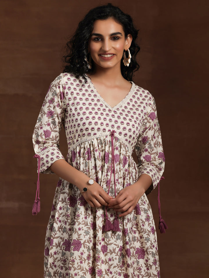 Off White Printed Cotton Fit and Flare Dress