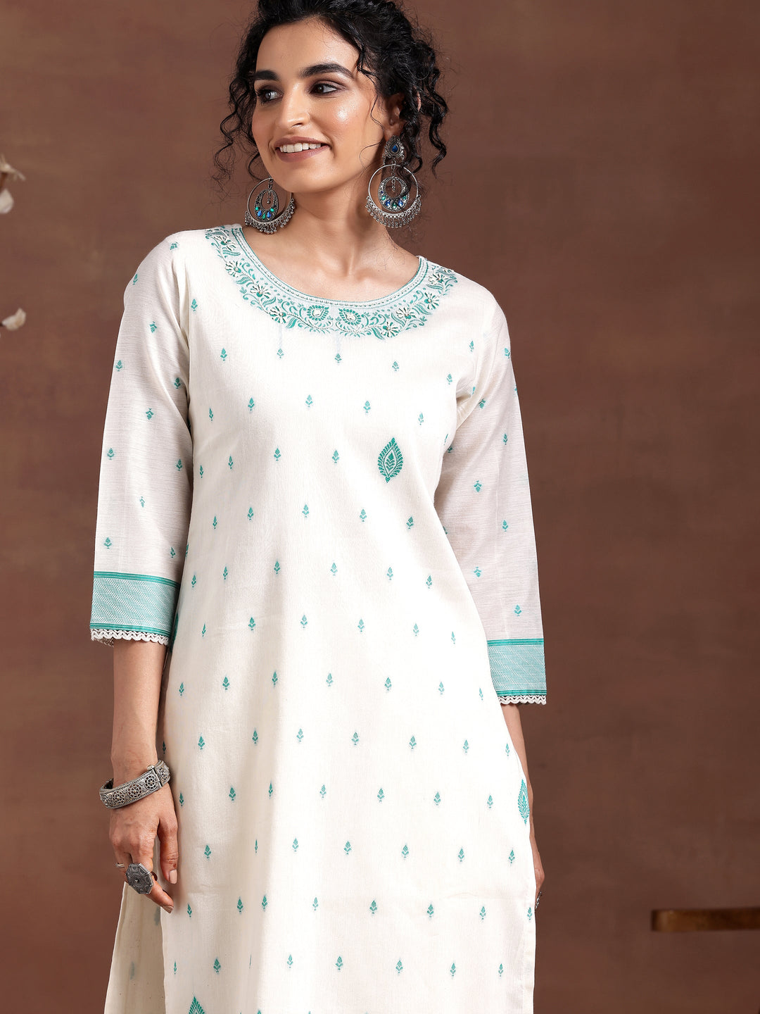 Off White Woven Design Chanderi Silk Straight Suit With Dupatta