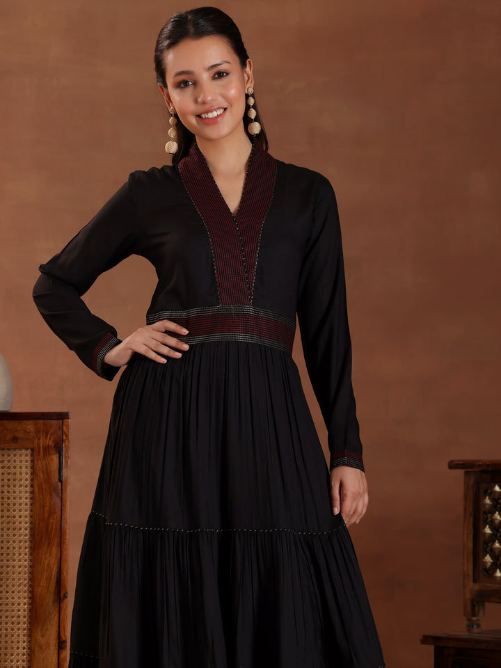 Black Self Design Pure Rayon A-Line Kurta Set