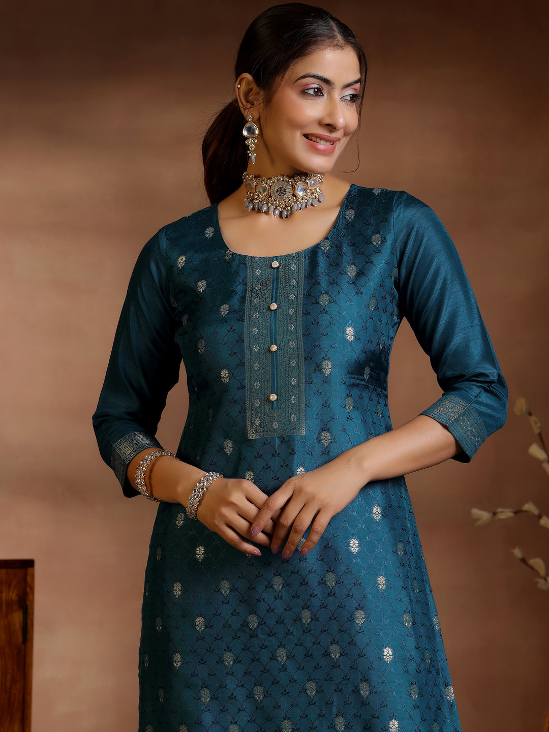 Teal Woven Design Silk Blend Straight Suit With Dupatta