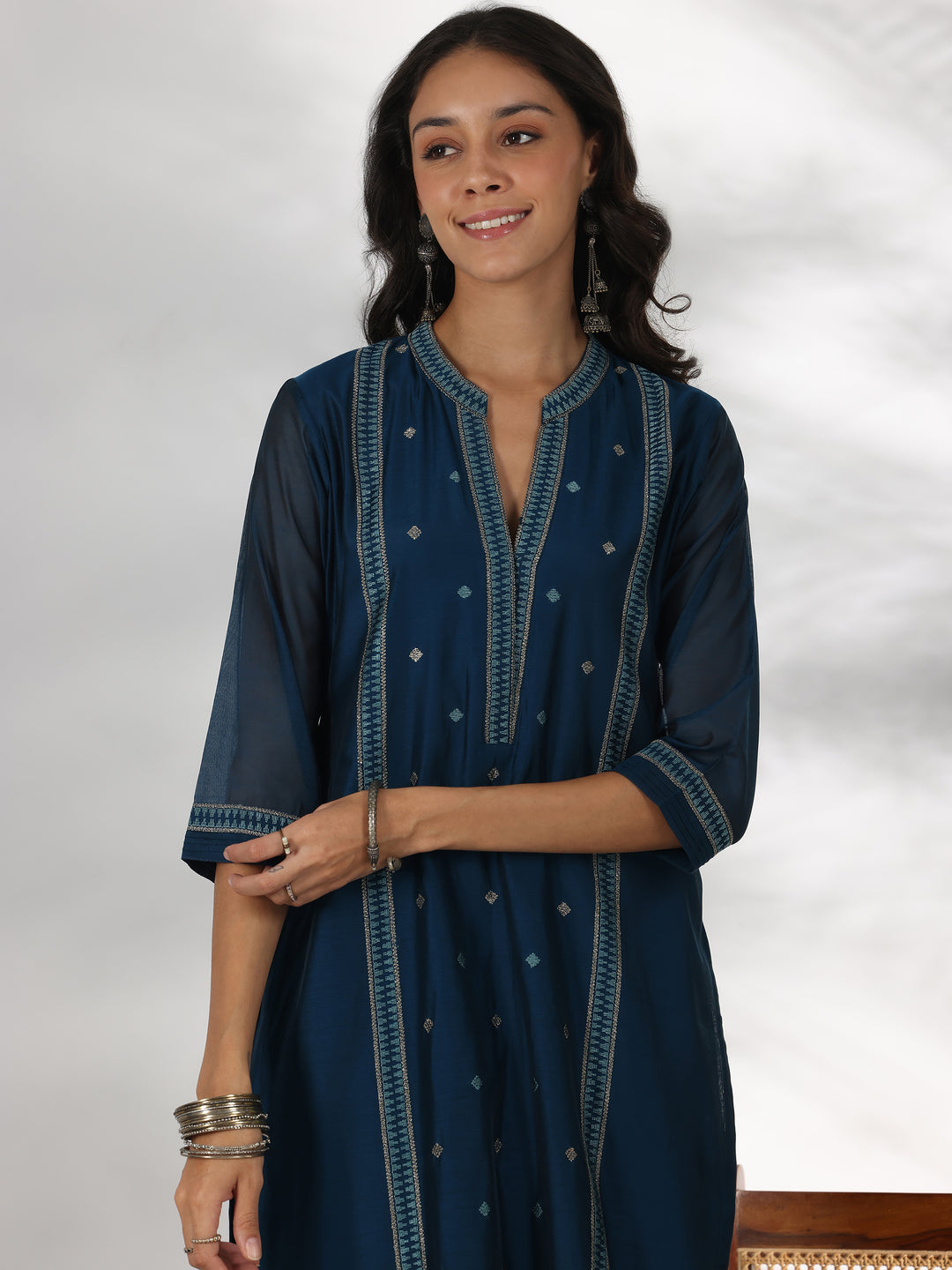 Teal Woven Design Chanderi Silk Straight Suit With Dupatta