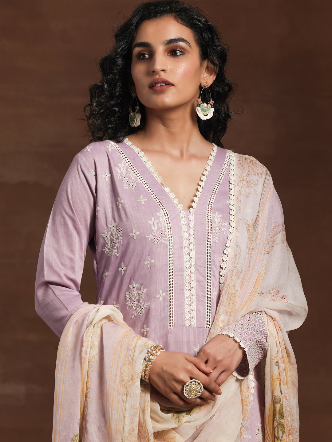 Lilac Embroidered Silk Blend Straight Suit With Dupatta