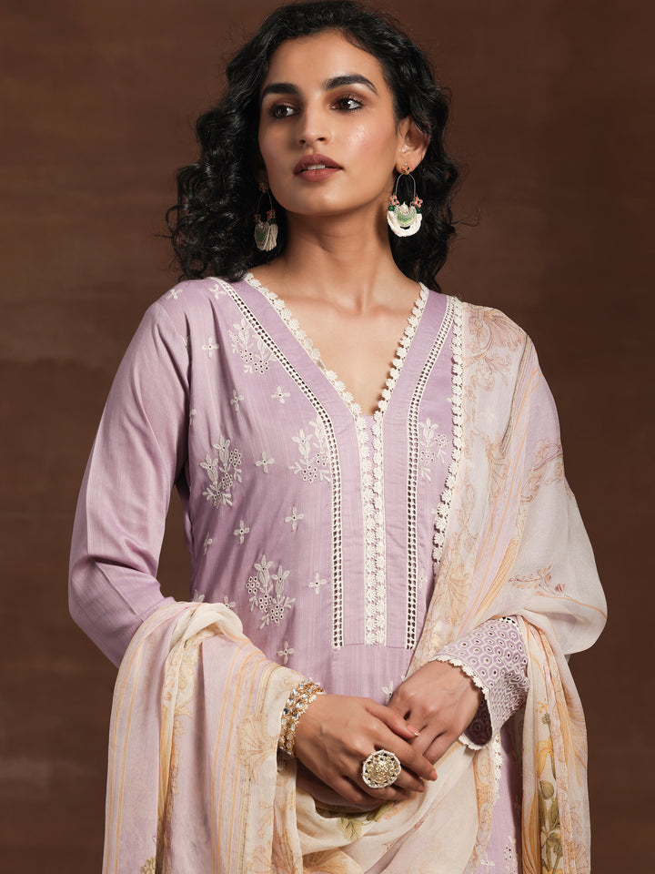 Lilac Embroidered Silk Blend Straight Suit With Dupatta