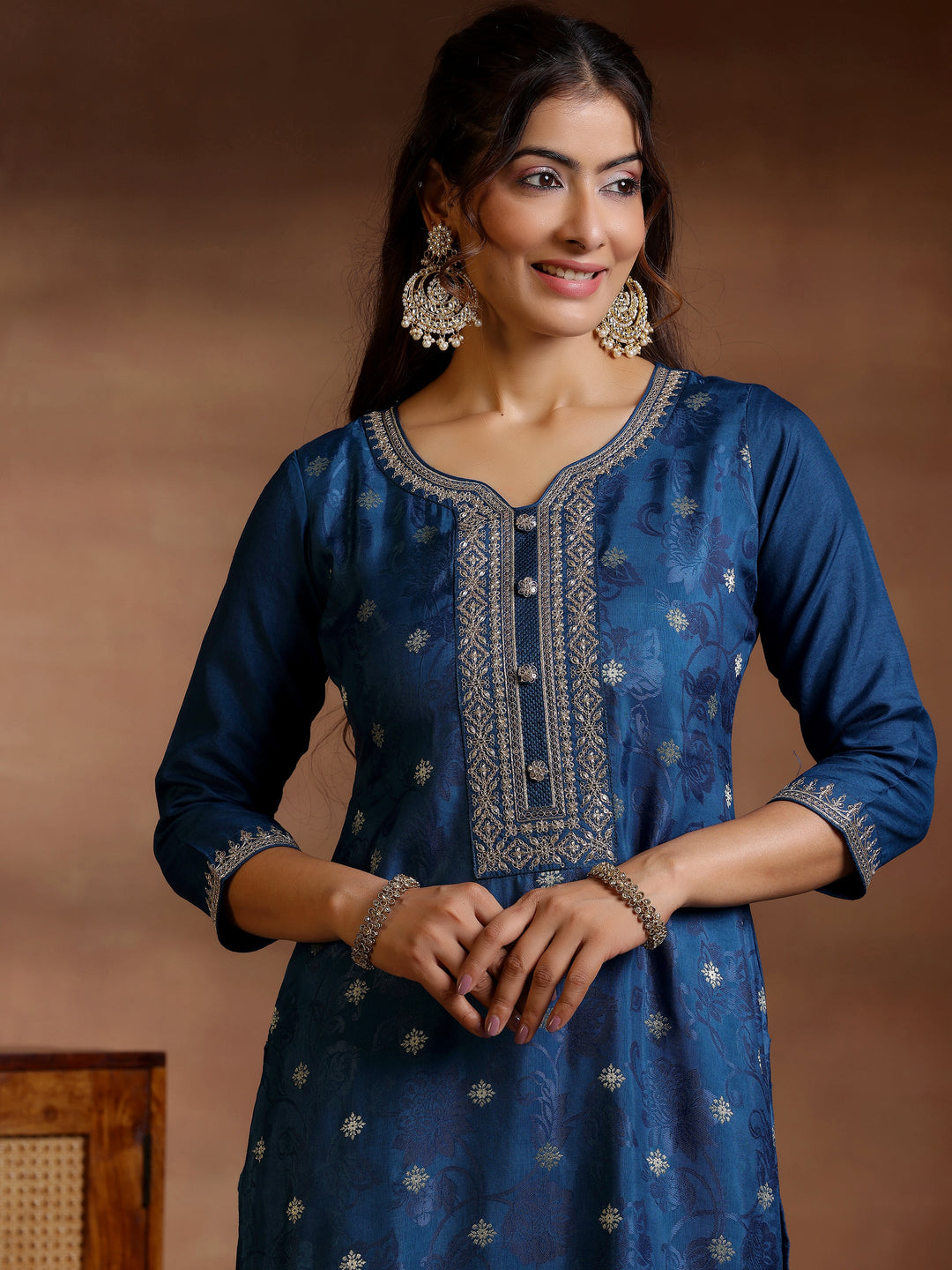 Navy Blue Woven Design Silk Blend Straight Suit With Dupatta