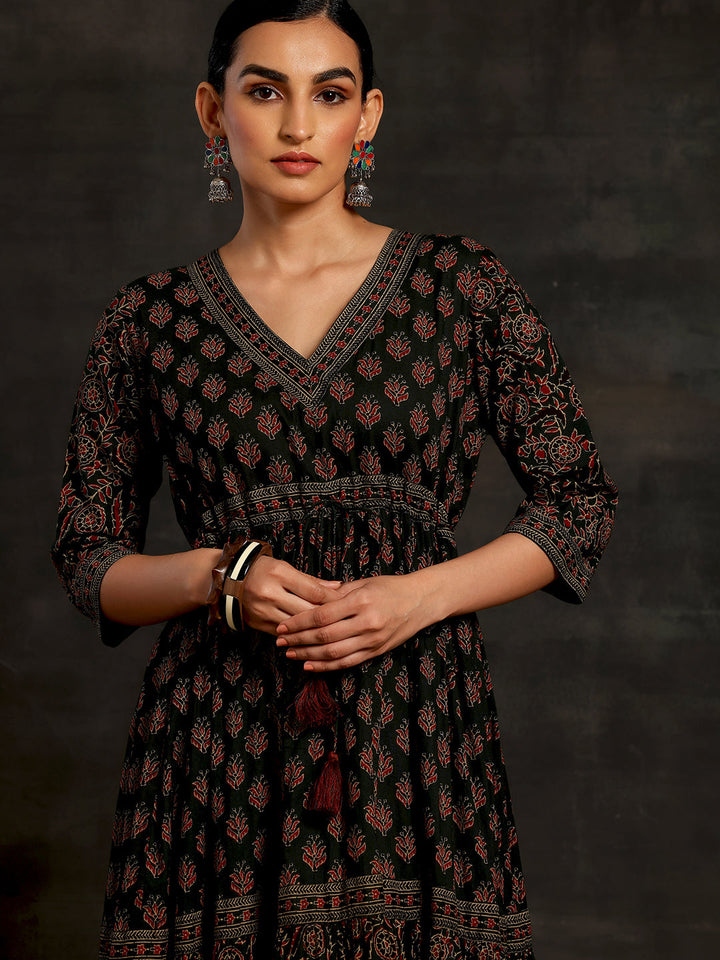 Green Printed Cotton A-Line Dress