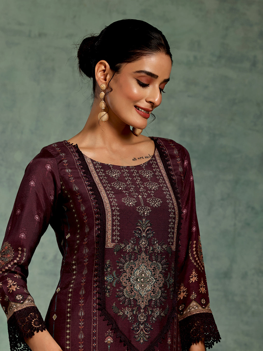 Wine Printed Silk Blend Straight Suit Set With Dupatta