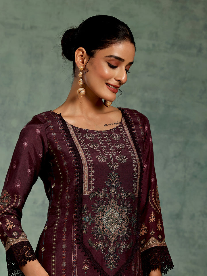 Wine Printed Silk Blend Straight Suit Set With Dupatta