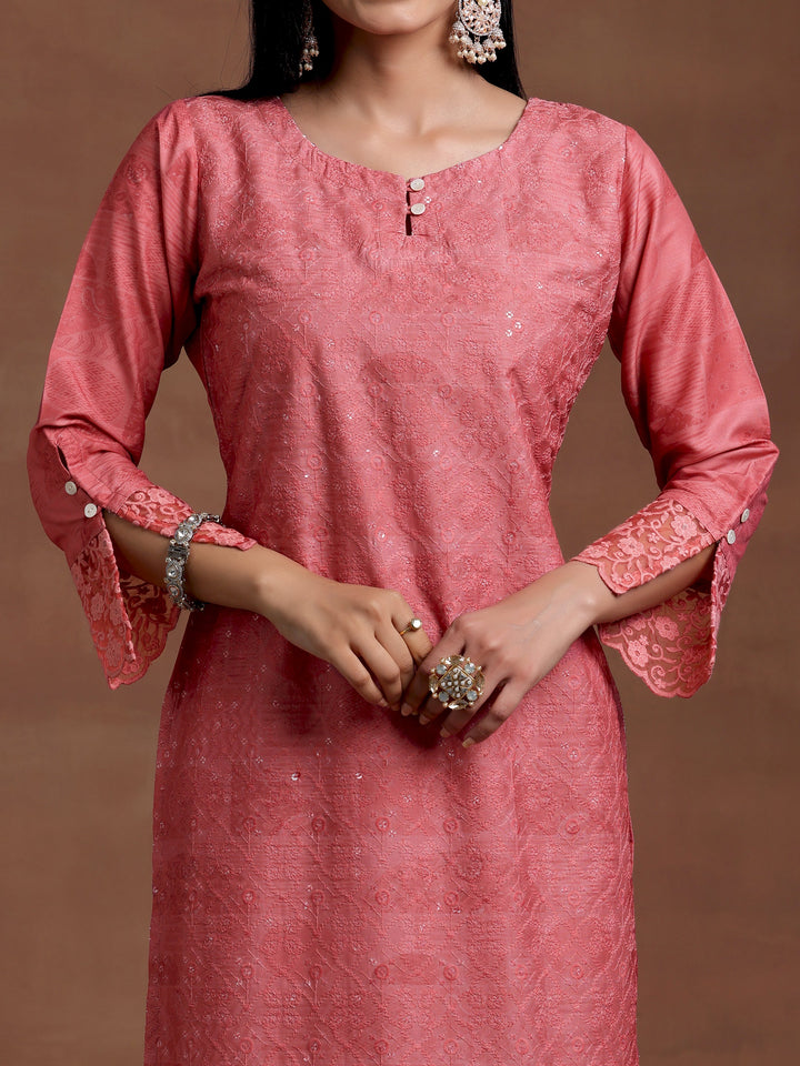 Peach Embroidered Silk Blend Straight Suit With Dupatta