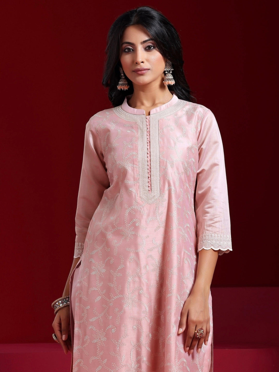 Libas Art Pink Embroidered Chanderi Silk Straight Suit With Dupatta